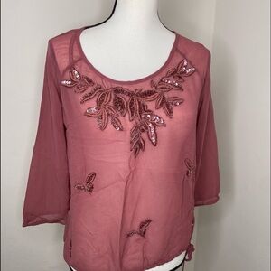 Lucky Brand Live In Love Sequin Embroider Rose Top Blouse Size M Long Sleeve
